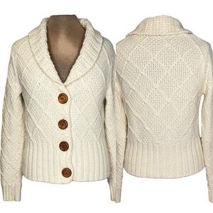 GAP Cream Cable Knit Cardigan shawl collar wooden buttons wool blend Size Small